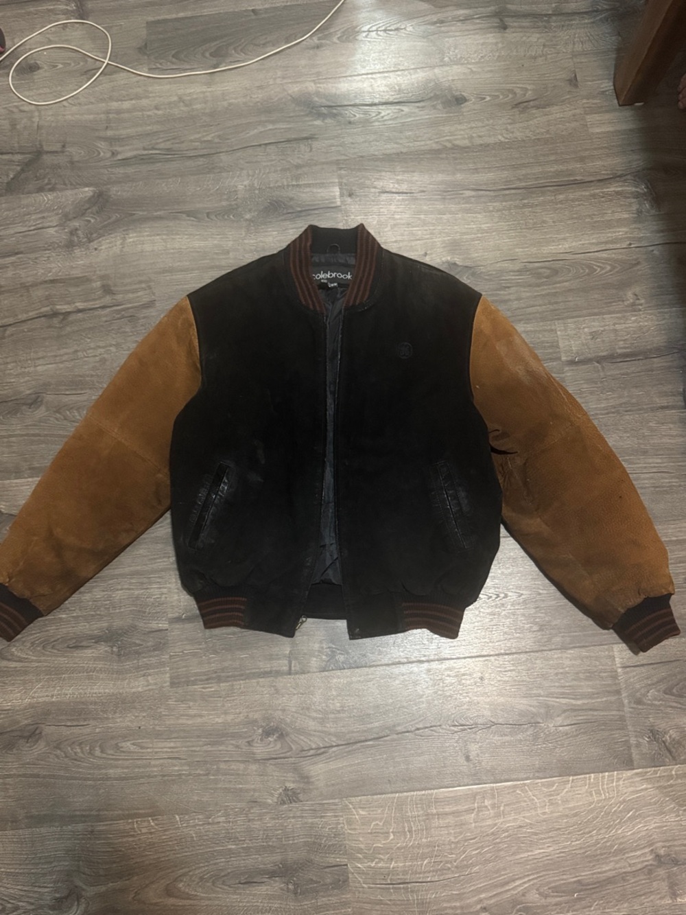 Two-Tone Black and Brown Suede Bomber Jacket by Saddlebrook